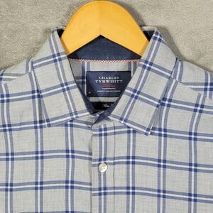 Charles Tyrwhitt Shirt Mens Medium Blue Gray Plaid Slim Fit Button Down Cotton